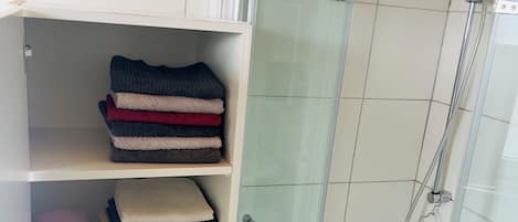 Shower, towels, toilet paper