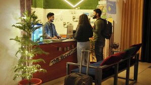 Un comptoir d’accueil avec une pancarte indiquant « Réception », une plante en pot et un banc où sont posés des bagages.