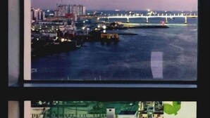A view from a window overlooking a harbor with buildings and a bridge. - The Bayment Residence (Busan)