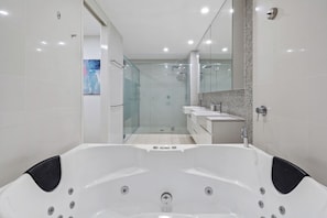 Hair dryer, towels, shampoo