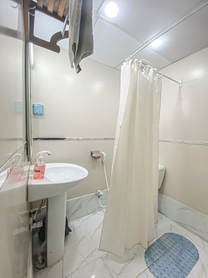 Regadera, secadora de cabello, toallas, jabón