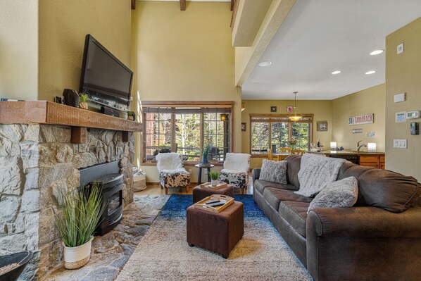 Smart TV, chimenea y libros 