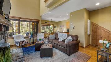 Smart TV, fireplace, books