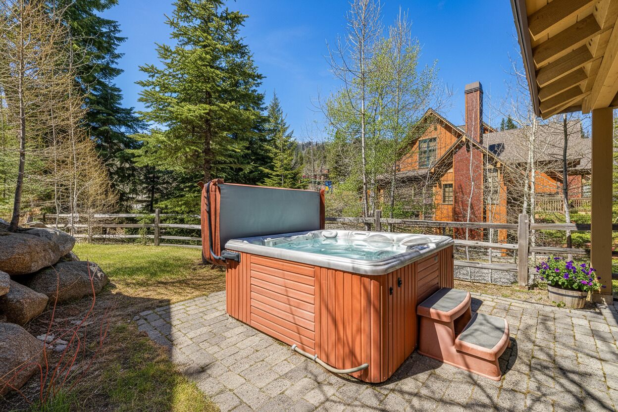 Een hottub in een achtertuin met een houten terras, omgeven door bomen en een stenen huis.