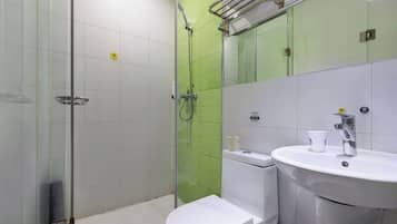 Shower, hair dryer, towels, shampoo