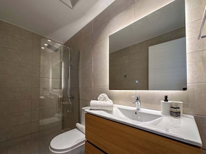 Shower, hair dryer, towels