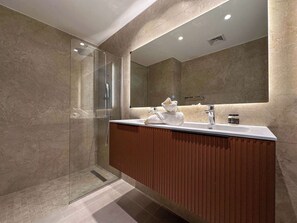 Shower, hair dryer, towels