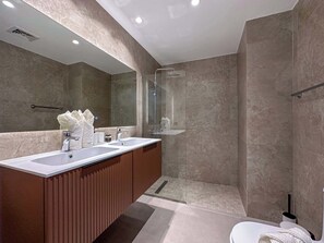 Shower, hair dryer, towels
