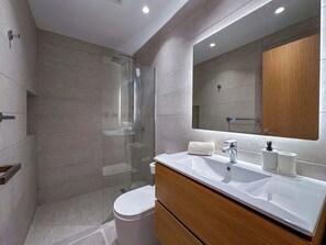 Shower, hair dryer, towels, shampoo