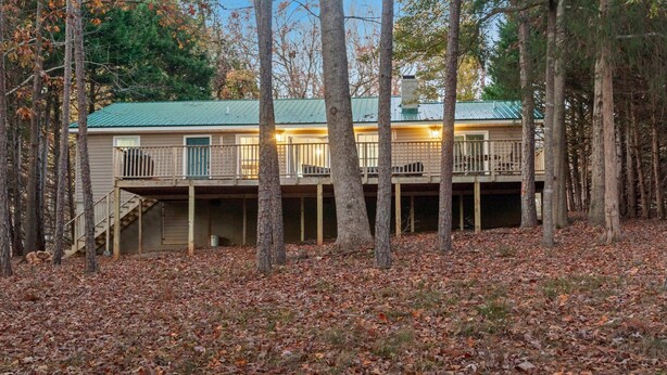 Une cabane à deux étages, dotée d’un toit v égétalisé, entourée d’arbres et recouverte de feuilles mortes.