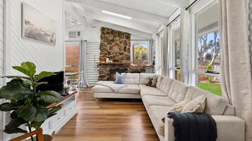 Una televisión, una chimenea