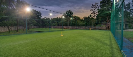 Un campo de críquet al aire libre con una valla de protección y luces artificiales.