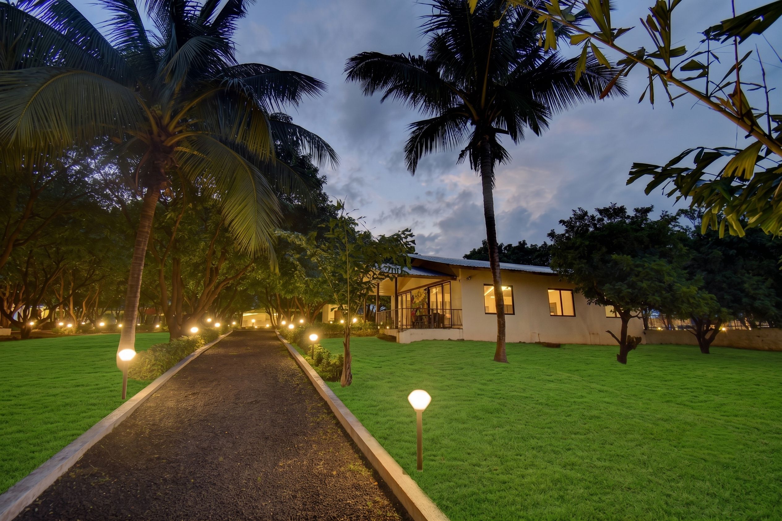 A pathway leading to a building surrounded by palm trees and well-maintained grass.