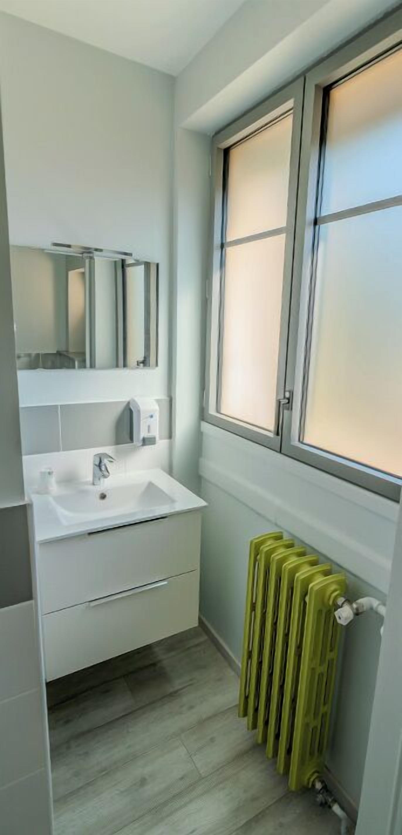 A modern bathroom with a white sink, mirror, and green radiator.