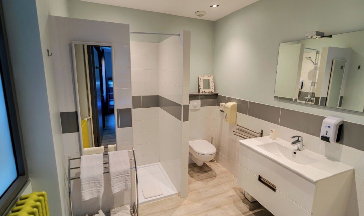 A modern bathroom with a shower, toilet, and sink.