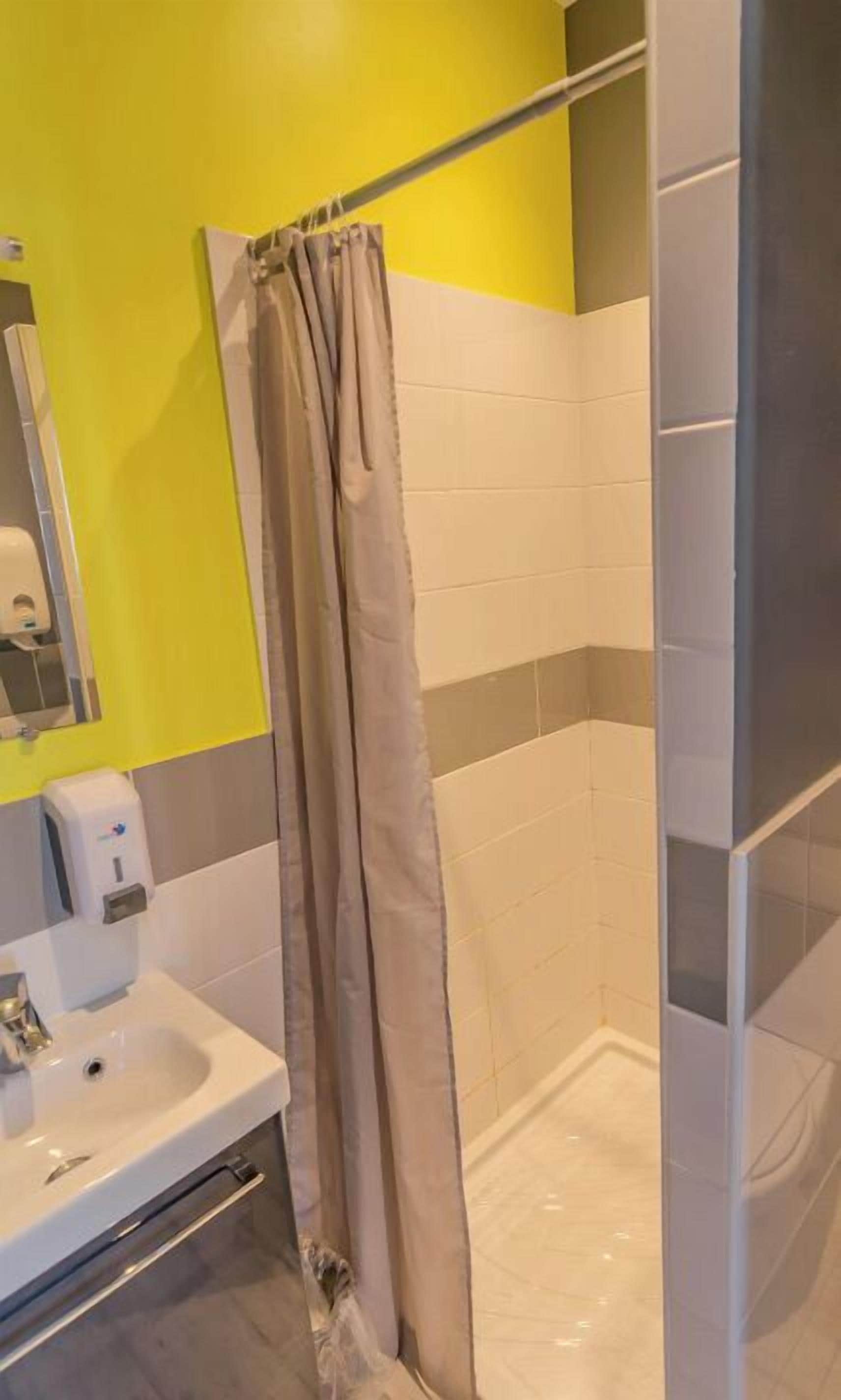 A bathroom with a shower, a sink, and a mirror.