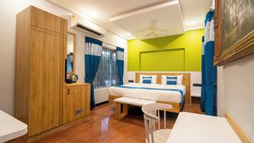 Minibar, desk, laptop workspace, blackout curtains