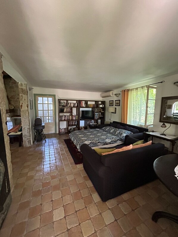 A cozy living room with a large bed, a television, a bookshelf, and a stone fireplace. - Lake House Puro (Dodosi)
