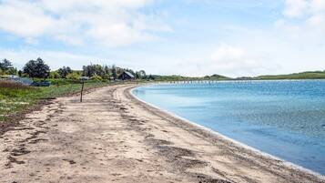 A sandy beach with a clear blue sky and calm water.