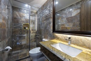 Junior Double Room Single Use, Sea View | Bathroom | Shower, hair dryer, slippers, towels