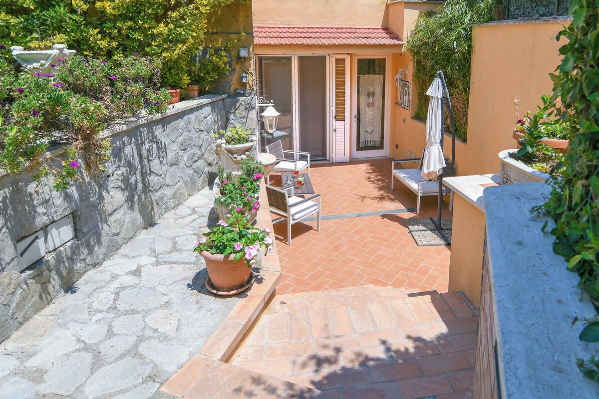 A patio with a table and chairs, a potted plant, and a door leading to an interior space.