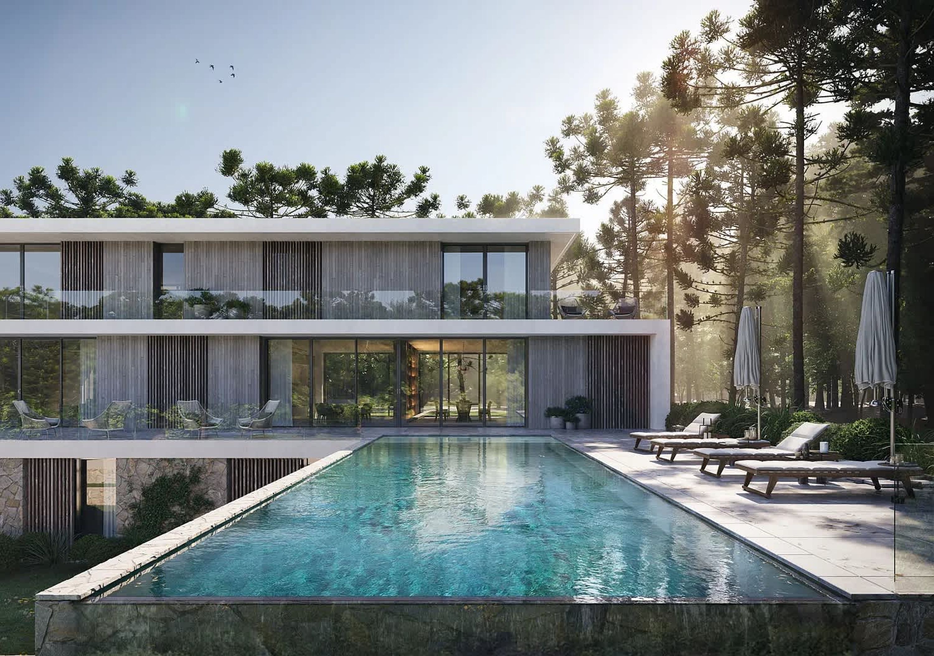 Uma casa moderna de dois andares com piscina, área de estar externa e um fundo de mata.