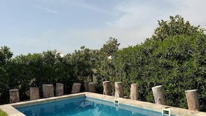 Una piscina rectangular con borde de azulejos, rodeada por un borde de piedra y postes de madera.