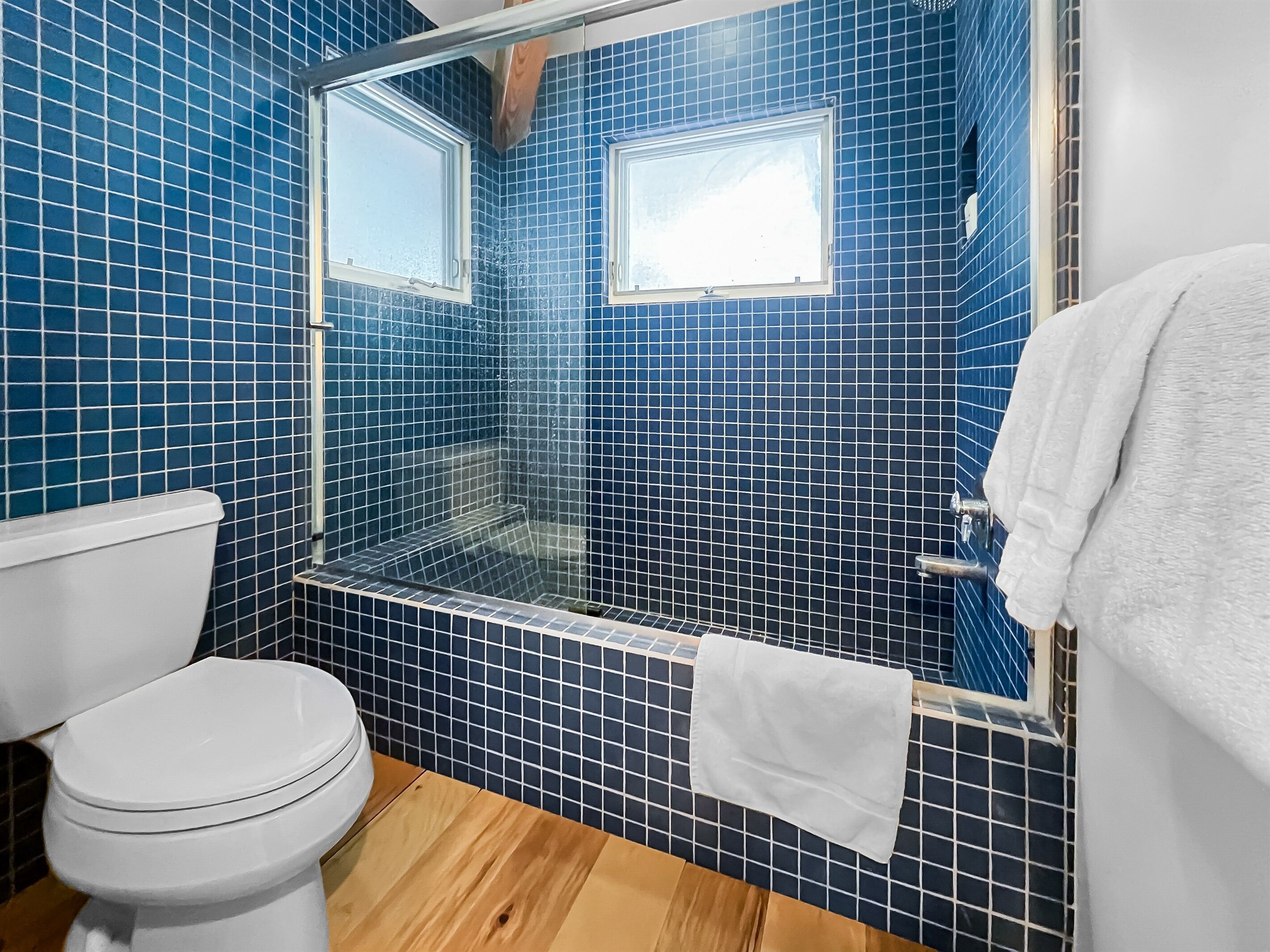 A bathroom with a white toilet, a glass-enclosed shower, and blue-tiled walls.