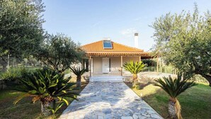 A house with a stone pathway leading to the entrance, surrounded by olive trees and palm plants. - Aelia Guesthouse - Private Garden Retreat (Daras)