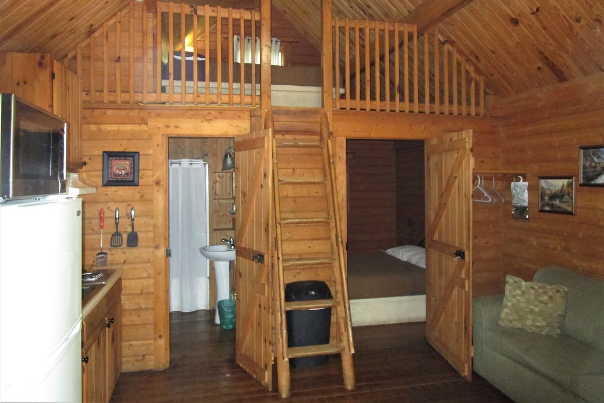 A cabin interior with a kitchen, a bathroom, a loft bedroom, and a living area.