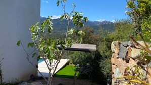 Un jardín con un árbol, un muro de piedra y vistas a las montañas.