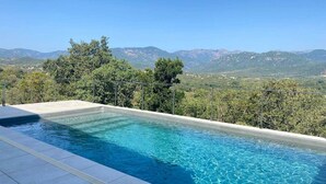 Una piscina infinita rectangular con agua azul cristalina, rodeada por una barandilla metálica, con un fondo de árboles verdes exuberantes y montañas lejanas bajo un cielo despejado.