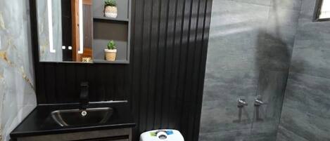 A modern bathroom with a dark wood panel wall, a white toilet, a sink with a mirror, and a shower area.