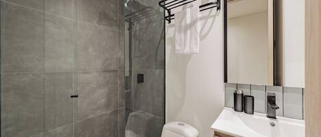 A modern bathroom with a shower, toilet, and sink.