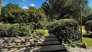 A wooden deck with a pergola overhead, surrounded by lush greenery and trees. - Goldfinch, Gîte in Saint-Avit-Senieur (Saint-Avit-Sénieur)