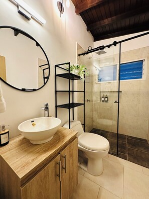 Shower, hair dryer, towels, soap