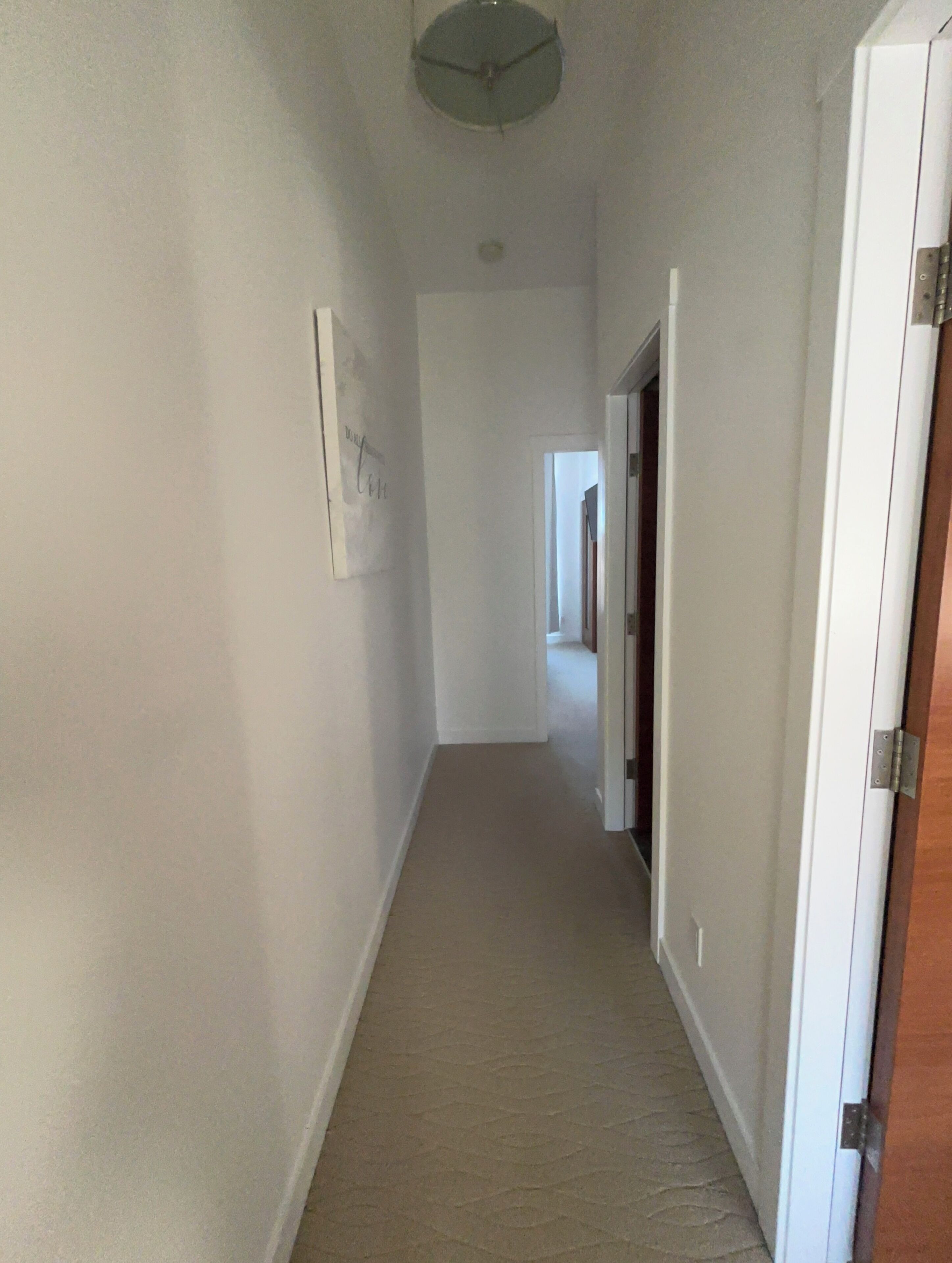 A narrow hallway with white walls and a beige carpet. There is a door on the right and a light fixture on the ceiling.