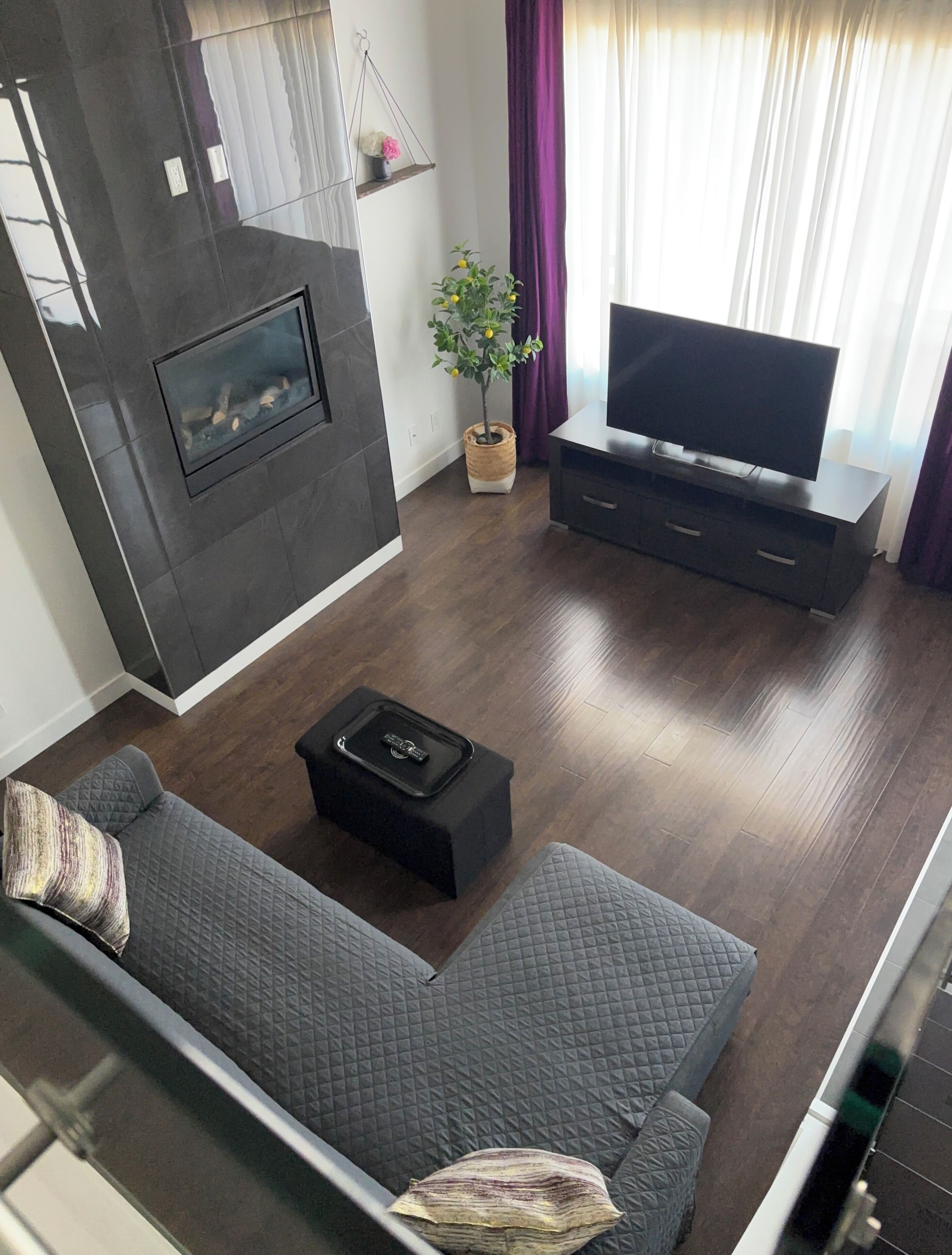 Una sala de estar moderna con un sofá, un televisor sobre un mueble bajo, una chimenea y una planta en maceta.