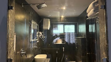 Hair dryer, slippers, towels, soap