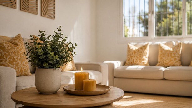 Un salon avec une table ronde en bois, une plante en pot et deux bougies allumées.