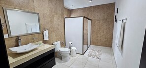 Shower, hair dryer, towels, soap