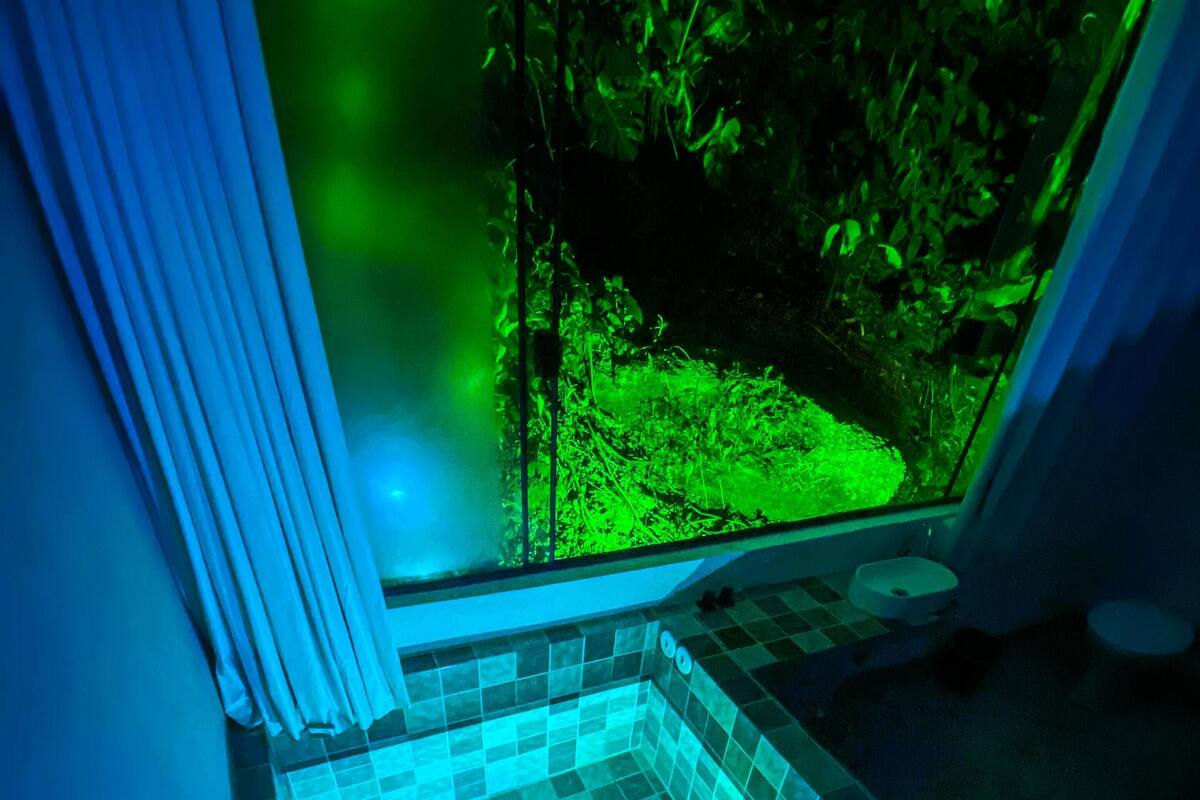 A corner of a room with a tiled floor and a view of a garden through a window.