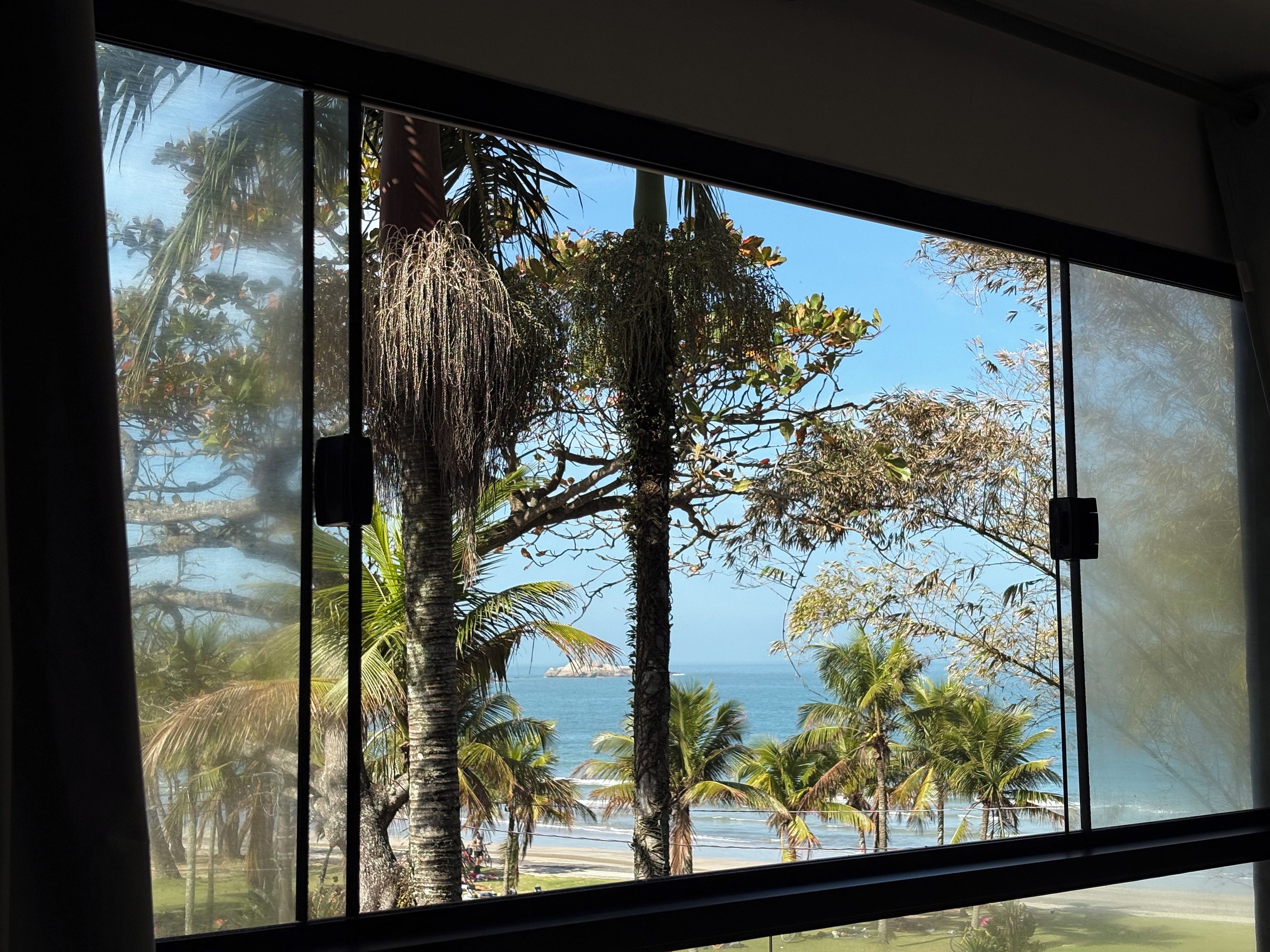 Une vue à travers une fenêtre donnant sur une plage et des palmiers.