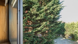 A window with a view of a dense coniferous forest and a gravel path. - GuestReady - Seaside Experience in Moledo (Moledo)