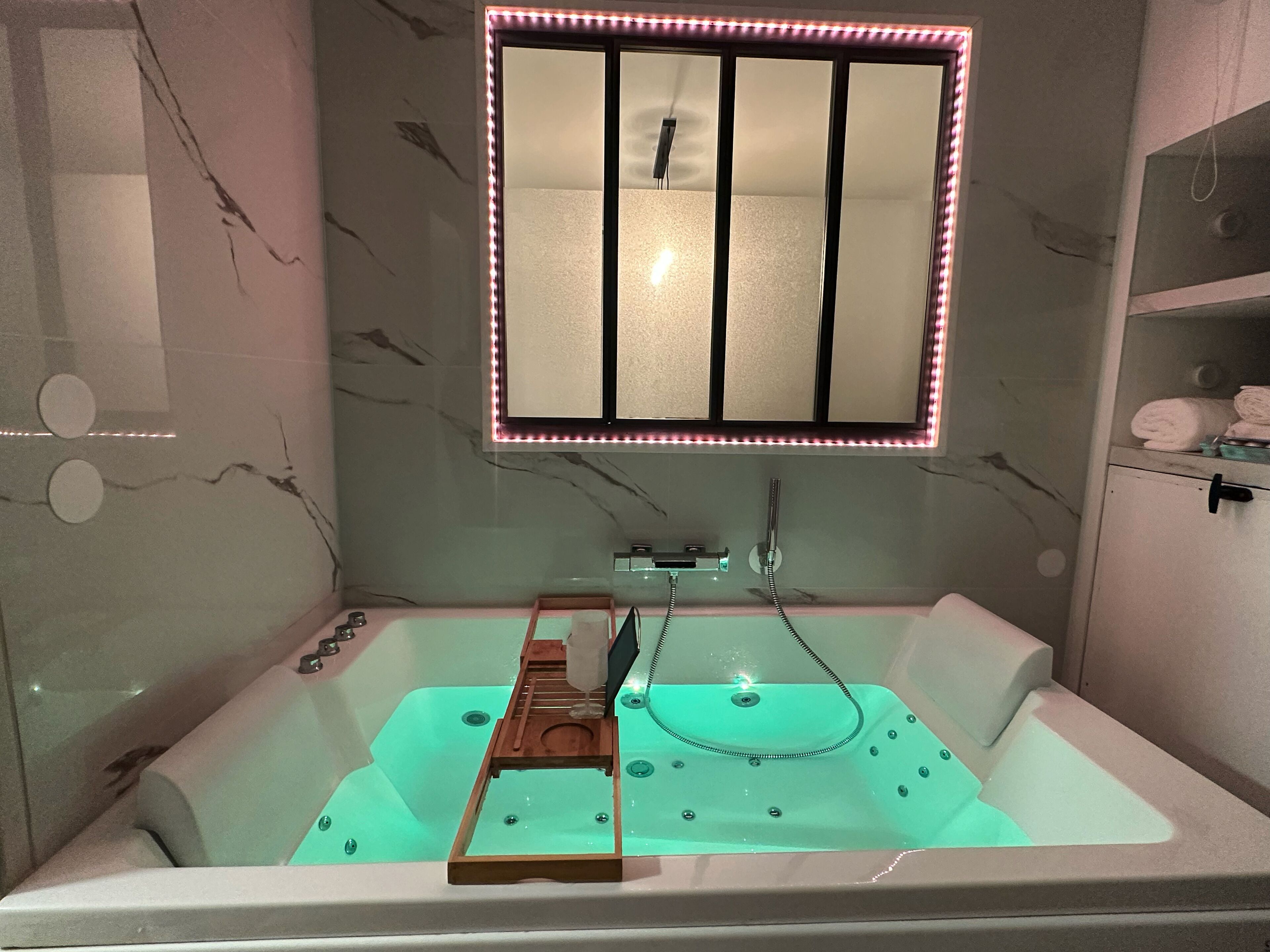 Hair dryer, towels, soap, shampoo