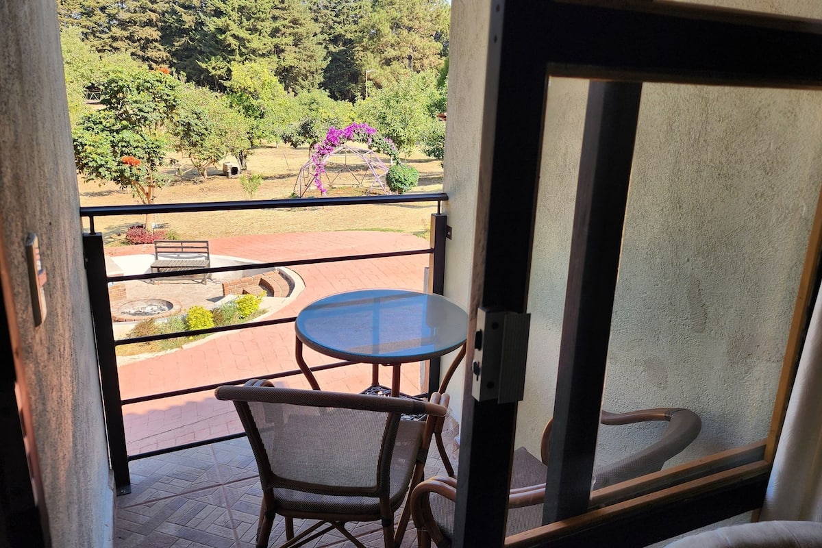A balcony with a table and chairs, a view of a garden with trees and a purple structure.
