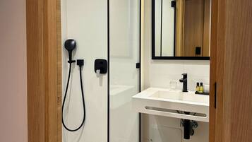 A modern bathroom with a glass shower enclosure, a white sink, and a mirror above the sink.