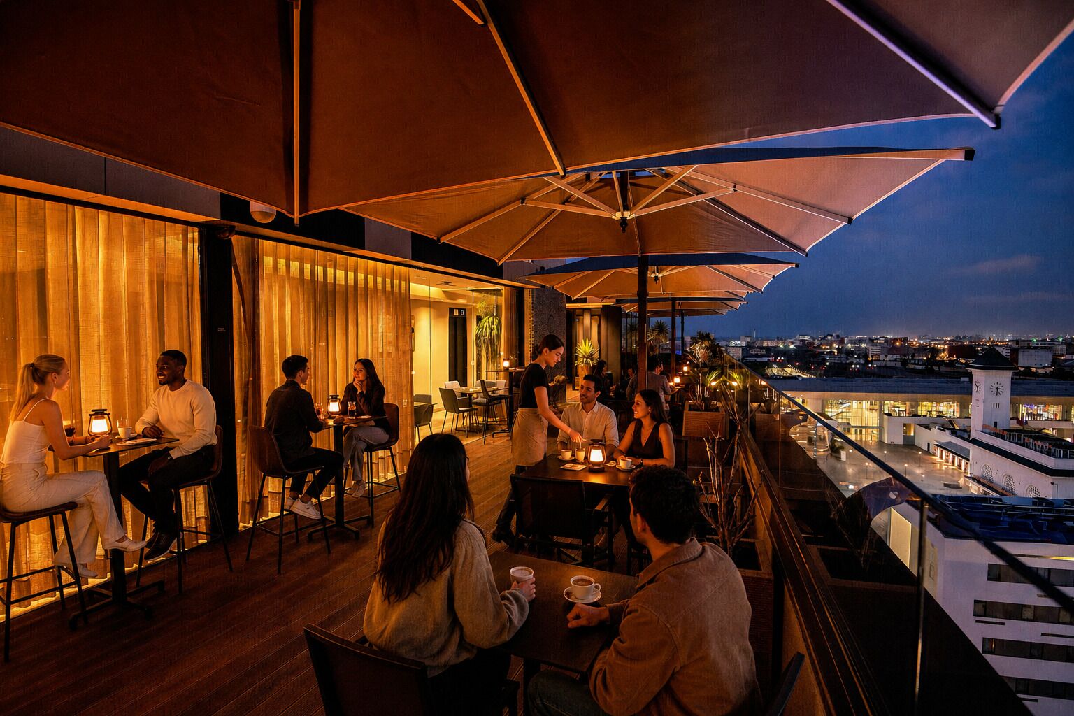 Un área de comedor al aire libre con mesas y sillas, sombrillas y vistas a la ciudad.