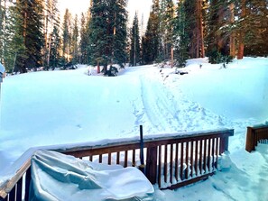 A snowy landscape with a wooden deck and a snow-covered path leading into the forest. - Baldy Mountain Basecamp - Pet Friendly! - Free Shuttle Access (Breckenridge)