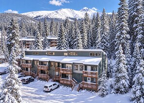 Eine mehrstöckige Lodge mit schneebedecktem Dach, umgeben von dichten immergrünen Bäumen.